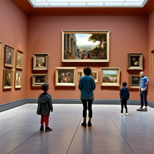 Home 4 **A museum's interior view:** Depicting a spacious art gallery with visitors admiring artworks and docents explaining them to children, conveying a sense of awe and inspiration.
