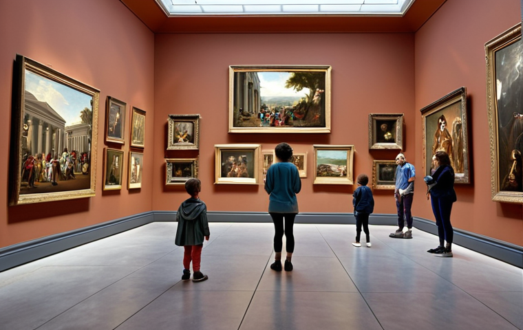 **A museum's interior view:** Depicting a spacious art gallery with visitors admiring artworks and docents explaining them to children, conveying a sense of awe and inspiration.