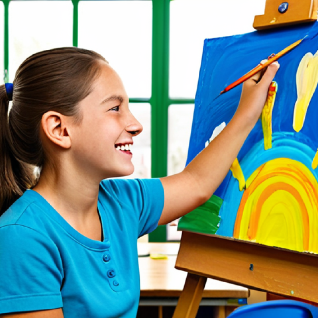 미술교육사 재직자의 직무 경험 - A Joyful Art Class**
"A fully clothed female art teacher assisting a young student with their paint...