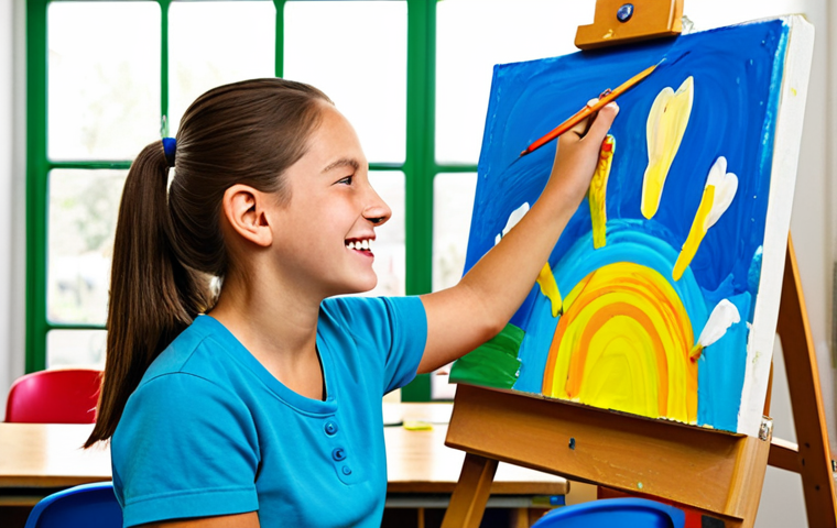 미술교육사 재직자의 직무 경험 - A Joyful Art Class**
"A fully clothed female art teacher assisting a young student with their paint...