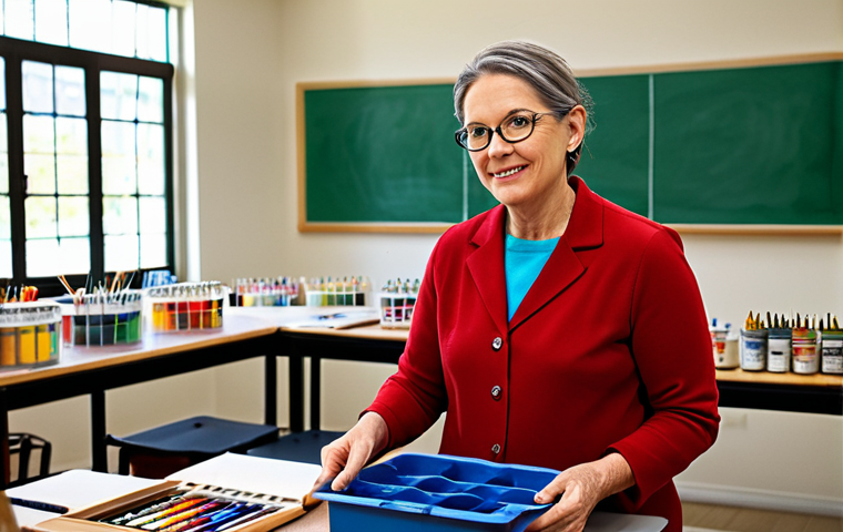 미술교육사 재직자의 직무 경험 - A Joyful Art Class**

"A fully clothed female art teacher assisting a young student with their paint...