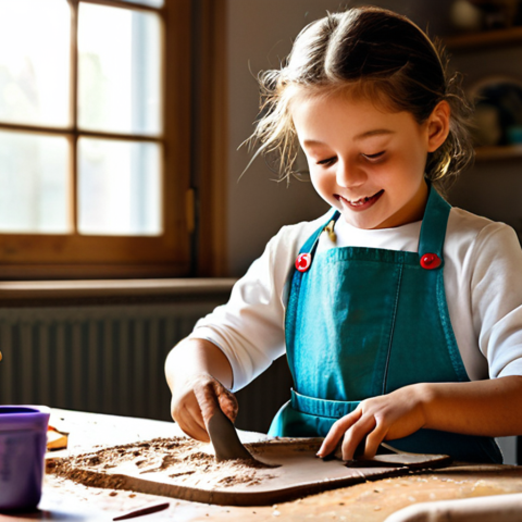 미술교육사 관련 도서 추천 - **Prompt:** A child fully clothed in a colorful apron, happily playing with clay on a wooden table i...