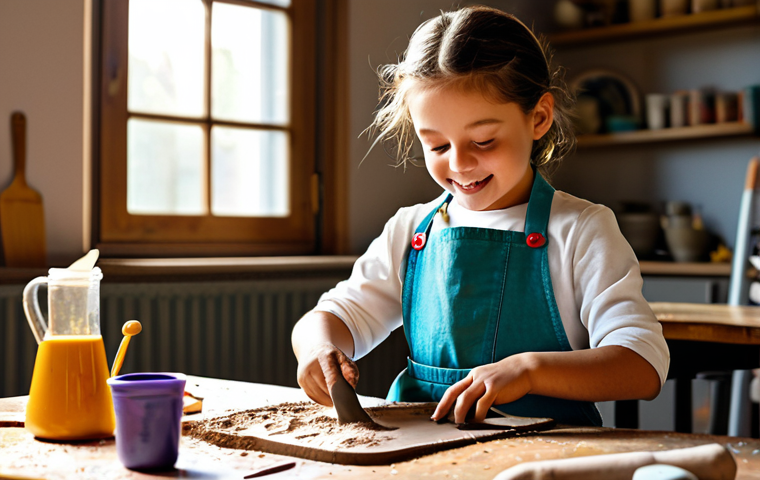 미술교육사 관련 도서 추천 - **Prompt:** A child fully clothed in a colorful apron, happily playing with clay on a wooden table i...