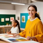 Home 15 미술교육사 직무와 역할 - A vibrant and inviting museum art studio, brightly lit, where a female art educator in her late 20s,...