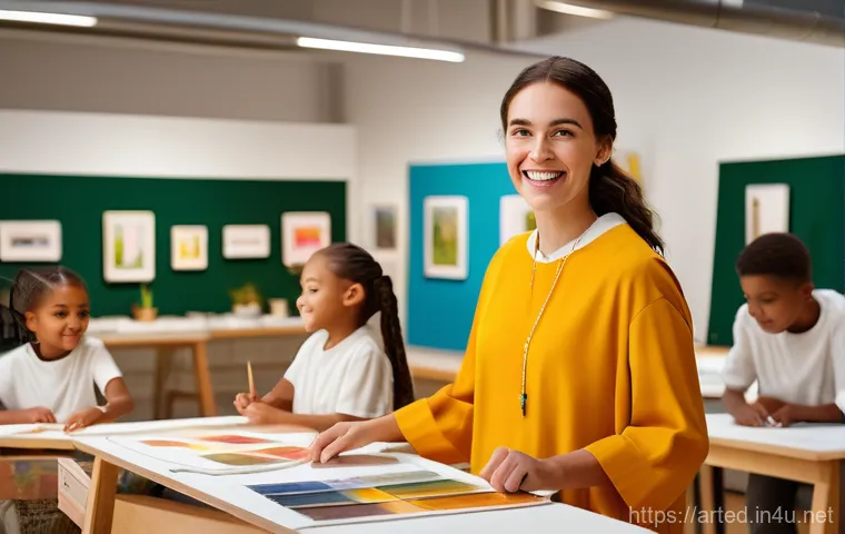 미술교육사 직무와 역할 - A vibrant and inviting museum art studio, brightly lit, where a female art educator in her late 20s,...