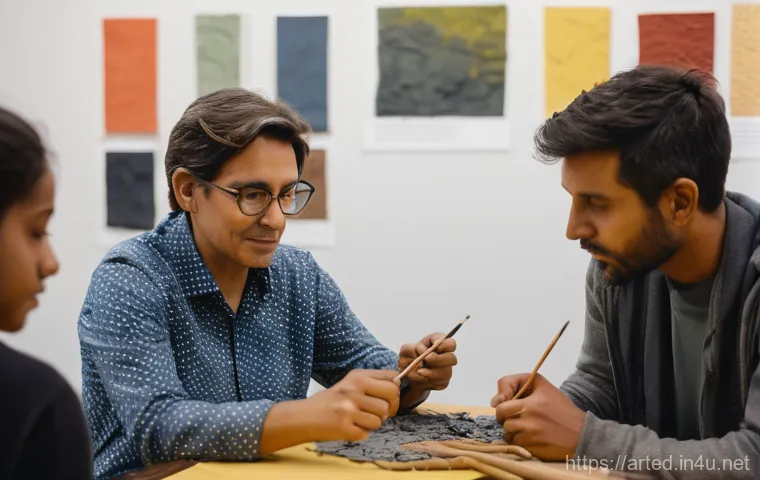 미술교육사 직무와 역할 - A vibrant and inviting museum art studio, brightly lit, where a female art educator in her late 20s,...