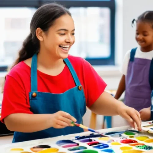 Home 26 미술교육사 자격증 유효기간 - A cheerful female art educator, wearing a colorful, paint-splattered art smock over modest clothing,...