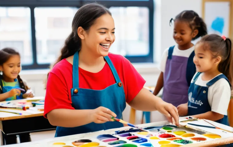 미술교육사 자격증 유효기간 - A cheerful female art educator, wearing a colorful, paint-splattered art smock over modest clothing,...