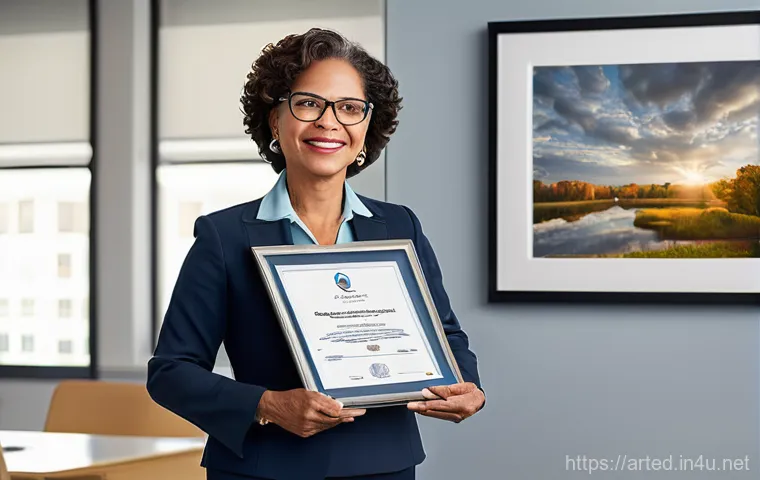 미술교육사 자격증 유효기간 - A cheerful female art educator, wearing a colorful, paint-splattered art smock over modest clothing,...