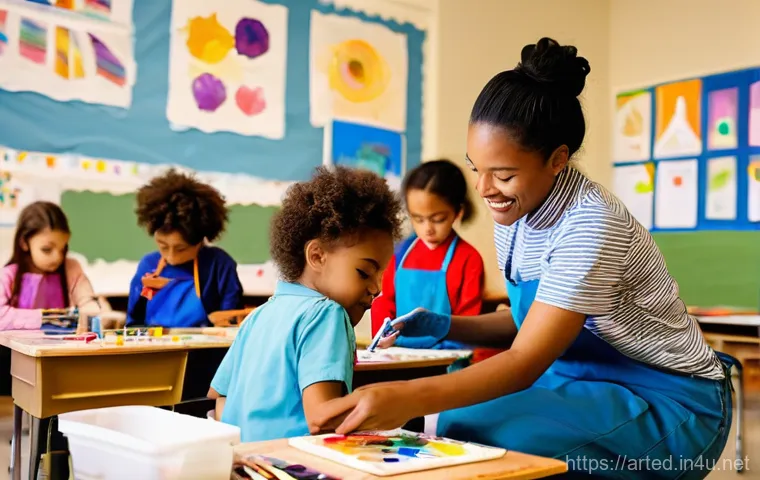 미술교육사 취업 인터뷰 팁 - **Prompt:** A vibrant and bustling art classroom filled with diverse elementary school children, age...