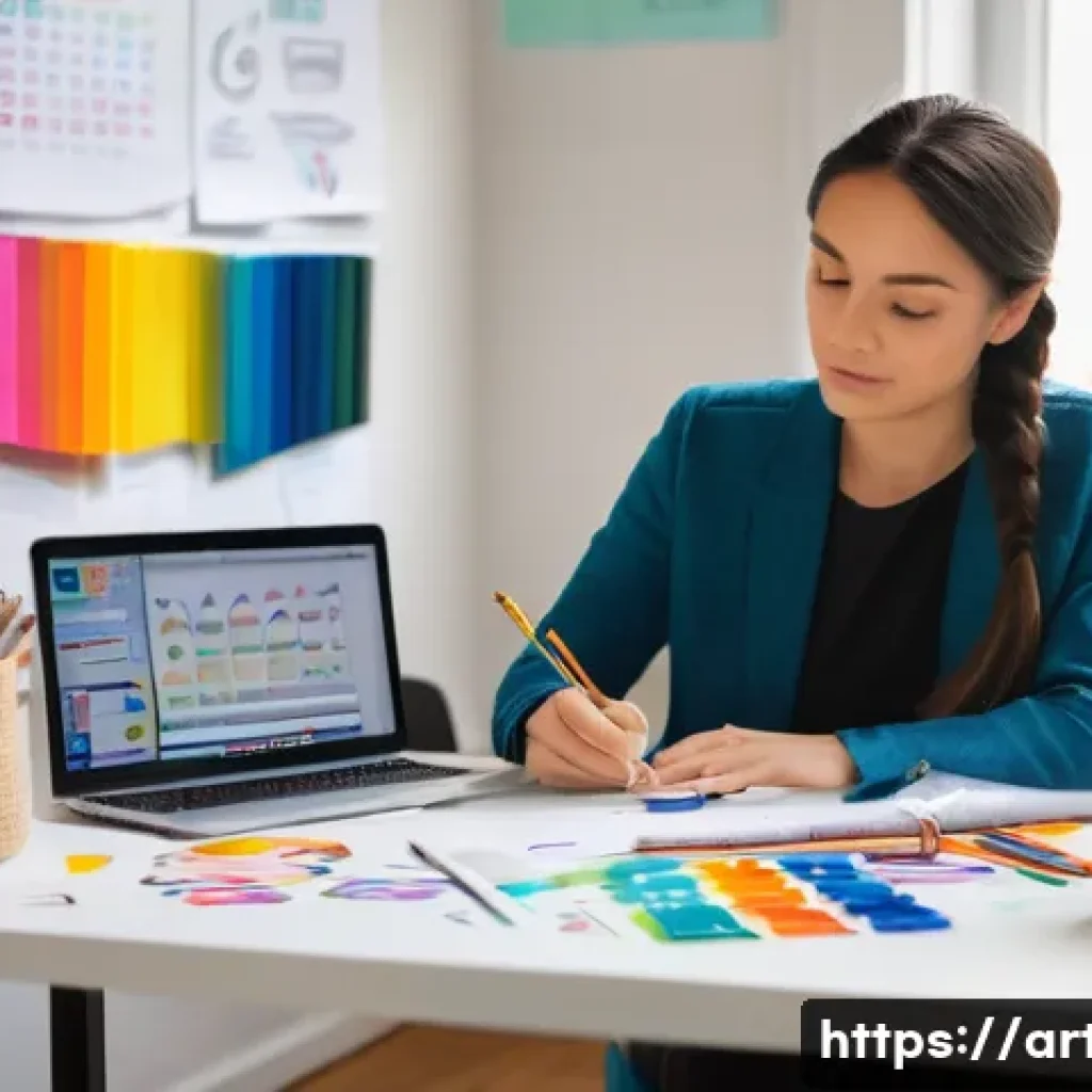 미술교육사 직무 체험 프로그램 - **Prompt:** A focused female art educator in her late 30s, with a kind and professional expression, ...