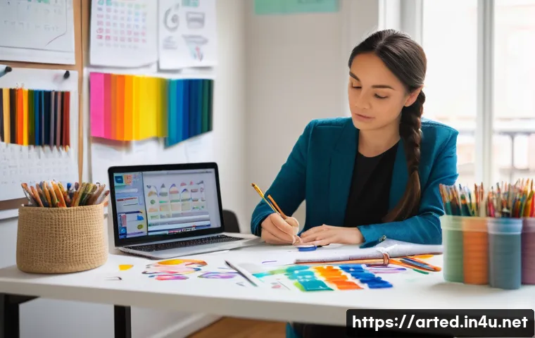 미술교육사 직무 체험 프로그램 - **Prompt:** A focused female art educator in her late 30s, with a kind and professional expression, ...