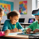 Home 17 미술교육사 관련 스타트업 사례 - A group of diverse elementary school children, aged 8-10, enthusiastically engaged in a modern digit...