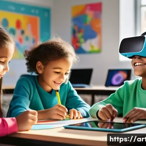 Home 11 미술교육사 관련 스타트업 사례 - A group of diverse elementary school children, aged 8-10, enthusiastically engaged in a modern digit...