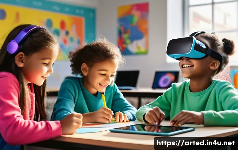 미술교육사 관련 스타트업 사례 - A group of diverse elementary school children, aged 8-10, enthusiastically engaged in a modern digit...